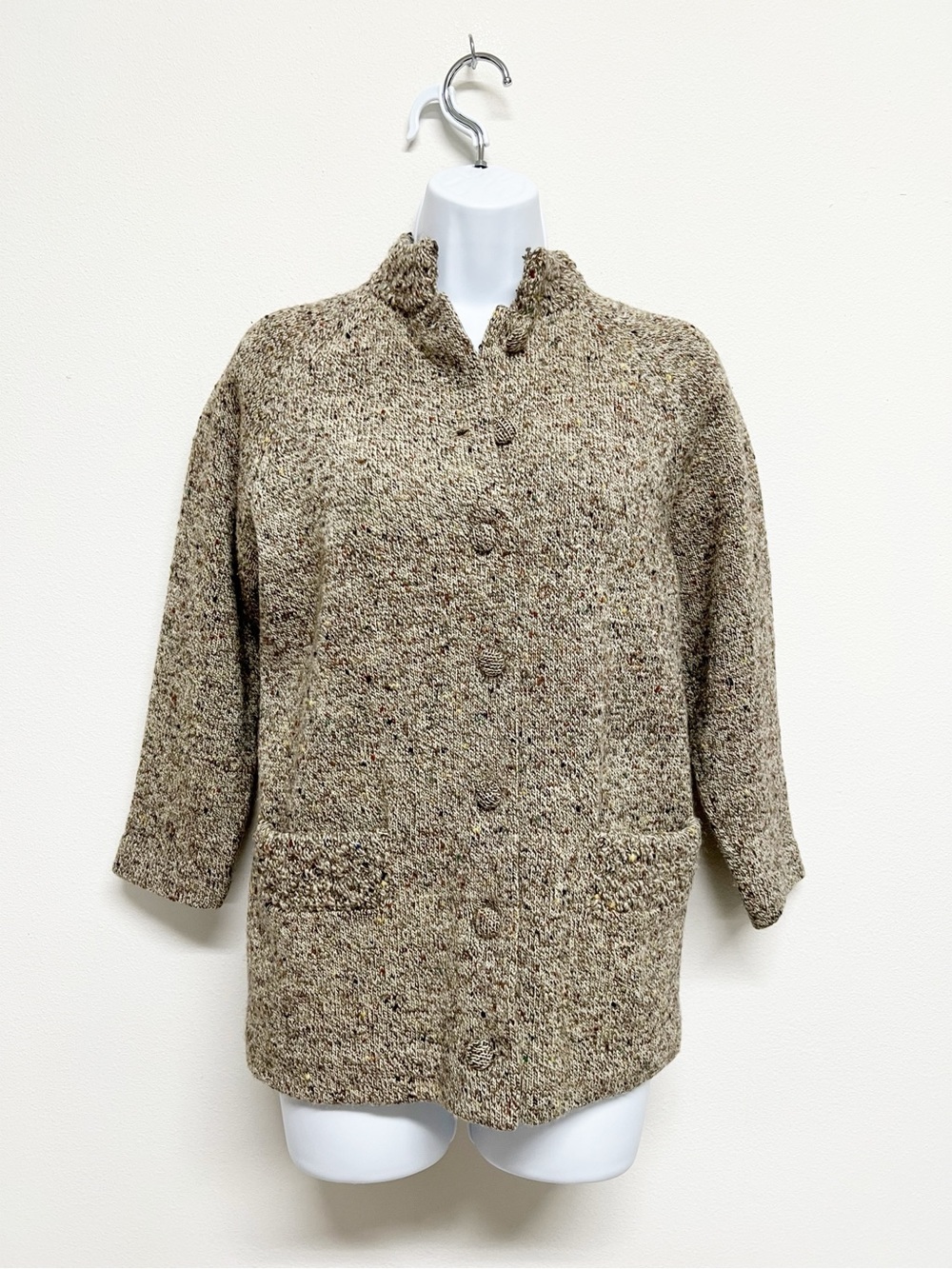 Vintage Italian Womens Natural Lagenlook Button Up Virgin Wool Sweater Cardigan